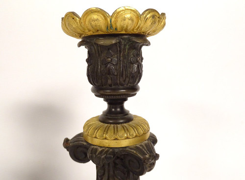 Pair of bronze candlesticks Napoleon III capitals 19th century