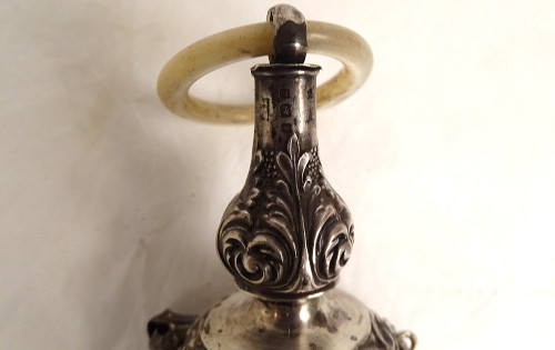 English Birmingham Silver Whistle Rattle Mother-of-Pearl Ring Late 19th-20th century