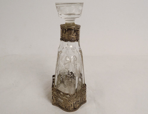 Engraved Silver Crystal Bottle German Characters Windmill Boat 19th century