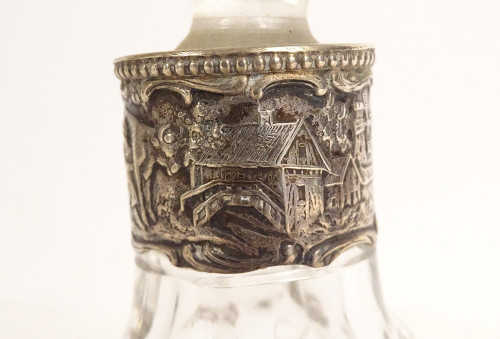 Engraved Silver Crystal Bottle German Characters Windmill Boat 19th century