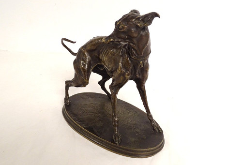 Kleine Bronzeskulptur Pierre-Jules führt Windhundhund Plock 1854 19. Jahrhundert