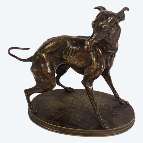 Kleine Bronzeskulptur Pierre-Jules führt Windhundhund Plock 1854 19. Jahrhundert