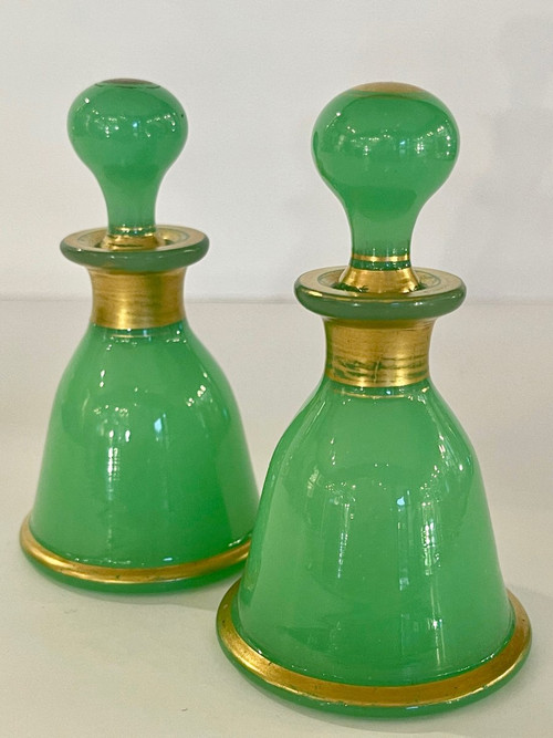 Baccarat: Pair Of Small Bottles In Green Opaline