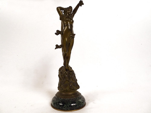 Bronze Sculpture Naked Woman Crescent Moon Night Goddess Diane Signed 19th