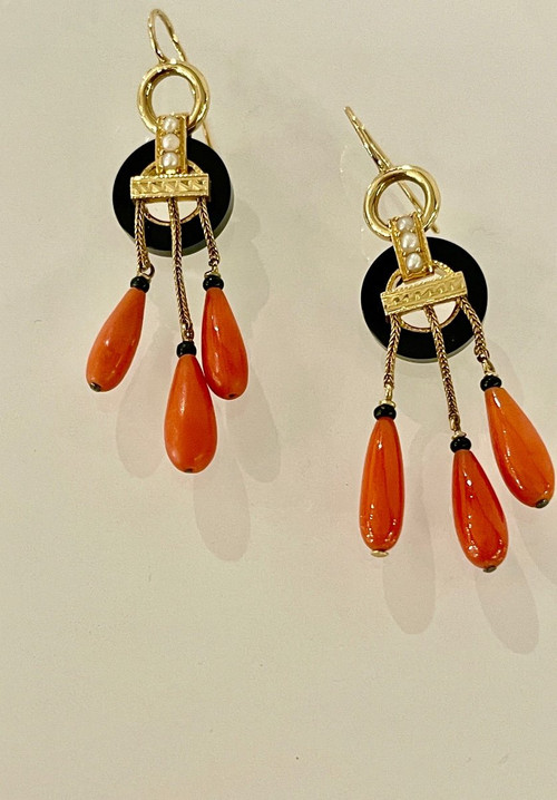 Gold, Onyx and Coral Earrings