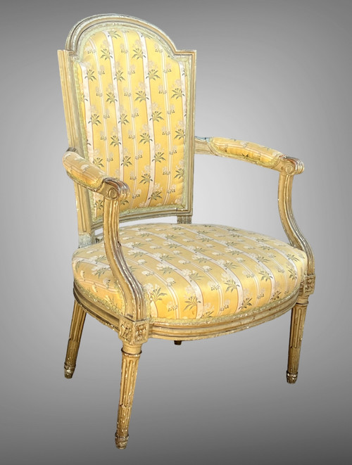 LOUIS XVI CABRIOLET ARMCHAIR FROM THE 18TH PERIOD IN LACQUERED WOOD WITH BEAUTIFUL TAPESTRY