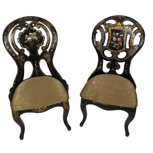 Fake pair of Napoleon III chairs, blackened wood and burgundy boiled cardboard