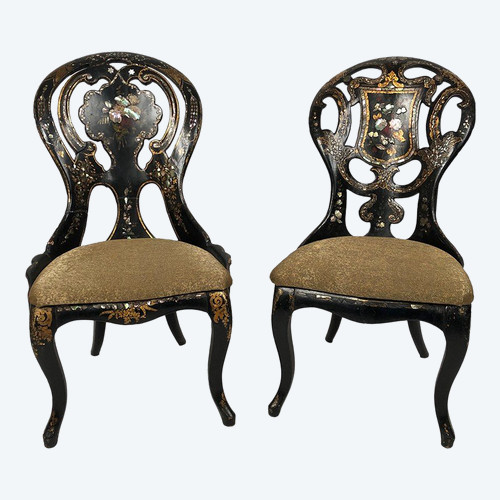 Fake pair of Napoleon III chairs, blackened wood and burgundy boiled cardboard