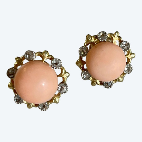 Boucles d'Oreilles En Or, Corail Et Diamants