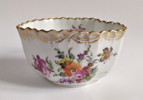 Dresden Hand Painted Porcelain Scalloped Cup Decorated With Flowers