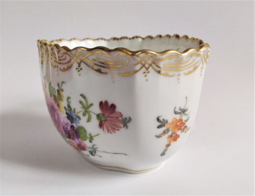 Dresden Hand Painted Porcelain Scalloped Cup Decorated With Flowers