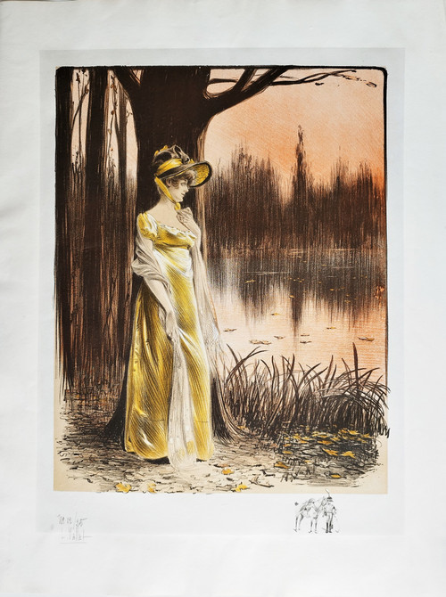 Lithographie von Louis Vallet Frau am Rande eines Sees