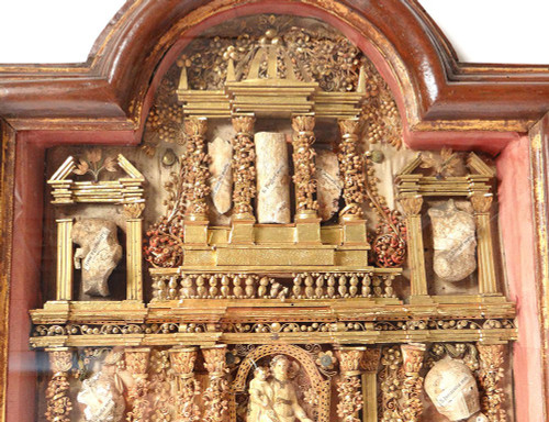 Tableau Reliquaire Paperolle Retable Baroque Vierge Saints Martyrs XVIIème