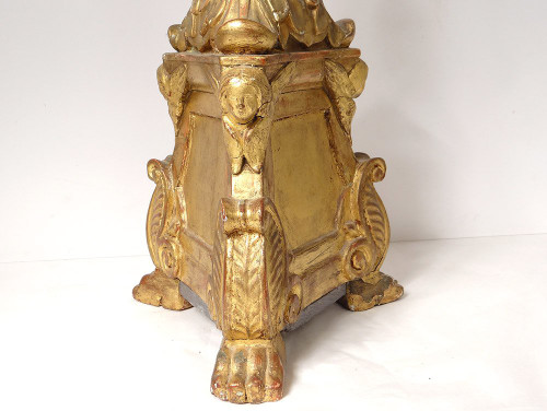 Large Candle Holder Golden Stuccoed Wood Cherub Heads Acanthus XVIIIth