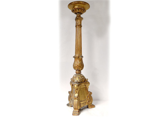 Large Candle Holder Golden Stuccoed Wood Cherub Heads Acanthus XVIIIth