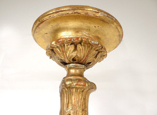 Large Candle Holder Golden Stuccoed Wood Cherub Heads Acanthus XVIIIth