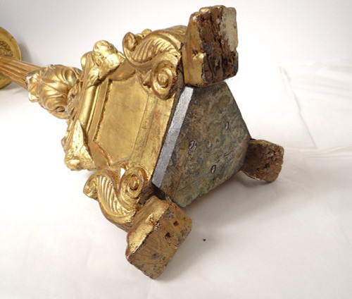 Large Candle Holder Golden Stuccoed Wood Cherub Heads Acanthus XVIIIth