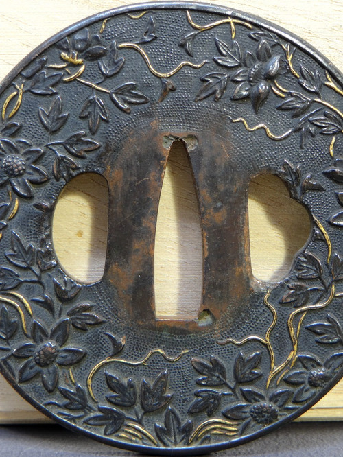 Japan, End Of The Edo Period (1603-1868), Samurai Saber Guard "Tsuba" In Shakudo.