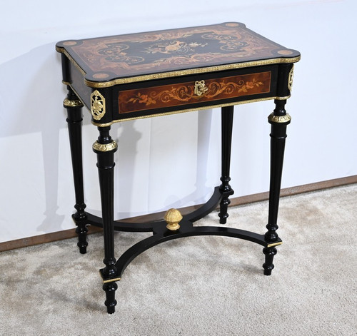 Small Table in Blackened Pear and Thuya Burl, Louis XVI style, Napoleon III period – Mid-19th century