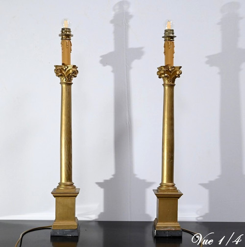 Pair of Golden Wood Candlesticks, Empire style – Late 19th century