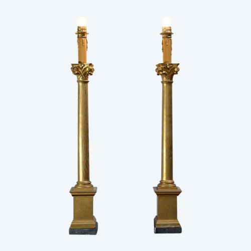 Pair of Golden Wood Candlesticks, Empire style – Late 19th century