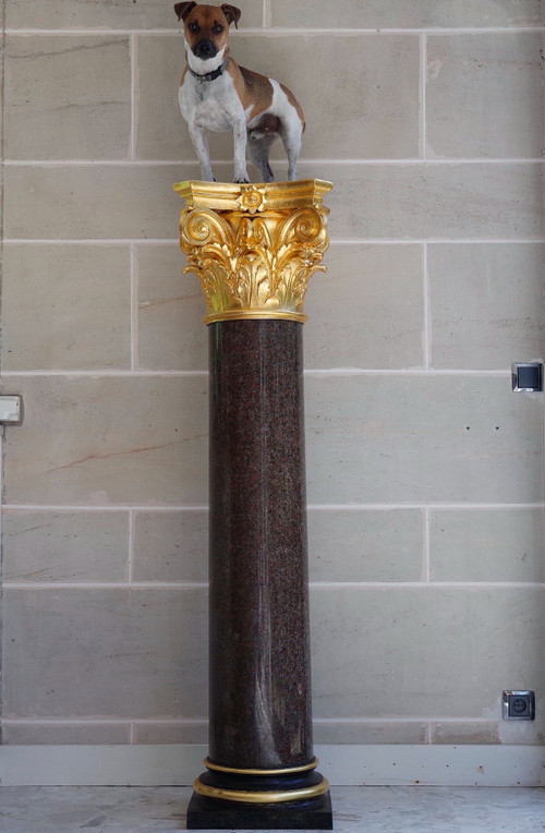 Large Red Granite and Gilt Bronze Column in Neoclassical style