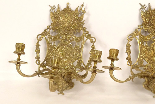 Pair of Wall Lamps 3 Lights Bronze Louis XIV Arms France Fleurs Lys Putti 19th