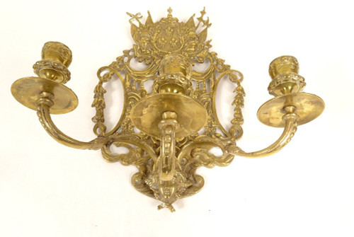 Pair of Wall Lamps 3 Lights Bronze Louis XIV Arms France Fleurs Lys Putti 19th