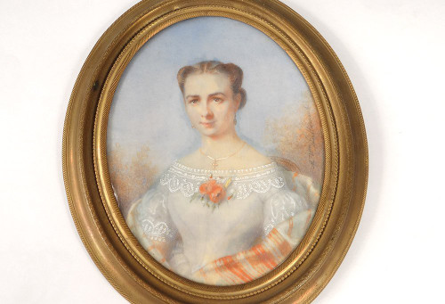 Oval Miniature Signed Vve Lallemand Portrait Young Woman Flowers 19th