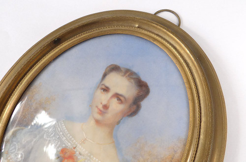 Oval Miniature Signed Vve Lallemand Portrait Young Woman Flowers 19th