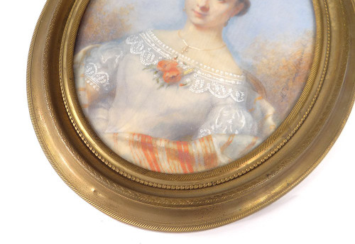 Oval Miniature Signed Vve Lallemand Portrait Young Woman Flowers 19th