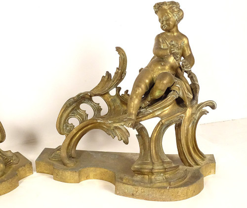 Pair of Louis XV bronze Chenets Cherubim Bacchus Children Napoleon III 19th century