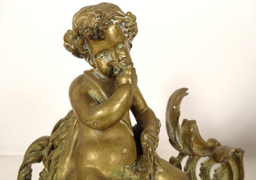 Pair of Louis XV bronze Chenets Cherubim Bacchus Children Napoleon III 19th century