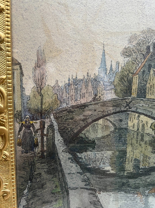 Jules Louis Berteault (xix - Morto nel 1916) - Bruges, Le Quai Vert, 1908