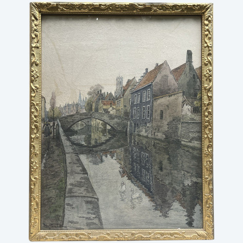 Jules Louis Berteault (xix - Morto nel 1916) - Bruges, Le Quai Vert, 1908