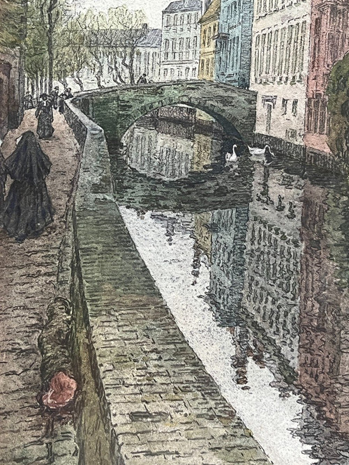 Jules Louis Berteault (xix - Died 1916) - Bruges, A Canal, 1908