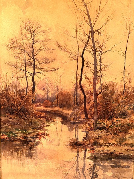 Louis Tauzin (1842-1915), “Paysage à la rivière” aquarelle signée et encadrée