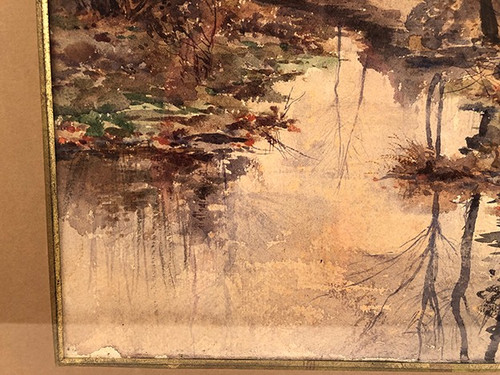 Louis Tauzin (1842-1915), “Paysage à la rivière” aquarelle signée et encadrée