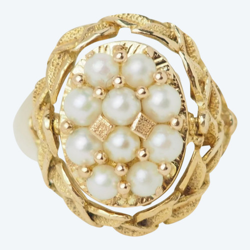 Yellow gold ring with cultured pearls and Amazonite cabochon