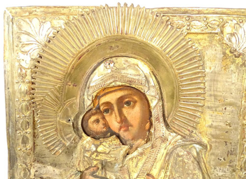 Russian Orthodox Icon Our Lady Vladimir Virgin Tenderness Copper 19th