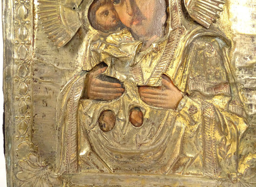 Russian Orthodox Icon Our Lady Vladimir Virgin Tenderness Copper 19th