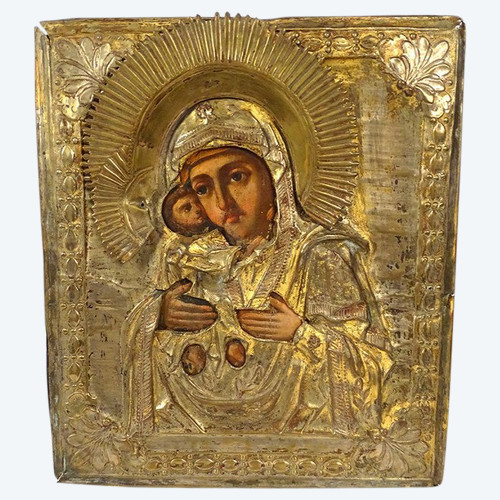 Russian Orthodox Icon Our Lady Vladimir Virgin Tenderness Copper 19th