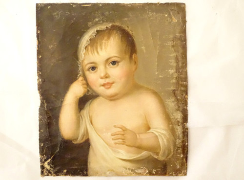 Dipinto HST Ritratto di bambino Cornice dorata stuccata Fine XVIII Inizio XIX