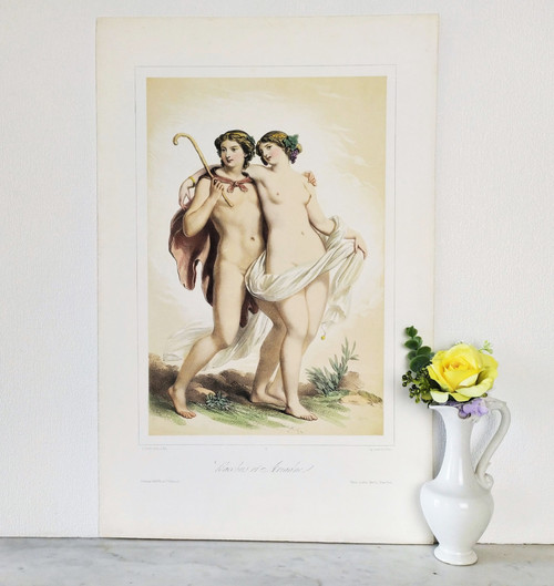 Mythologie Grecque Bacchus Et Ariadne Par Achille Deveria  lithographie aquarellée