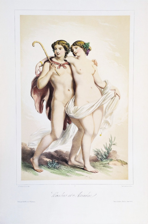 Mythologie Grecque Bacchus Et Ariadne Par Achille Deveria  lithographie aquarellée