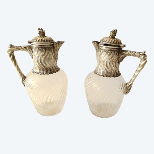 Paire Carafes Cristal Taillé Argent Massif Torsadé Minerve Fin XIXè Siècle