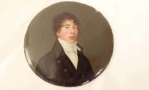 Round Miniature On Enamel Portrait Young Man Signed Hamm Empire 19th