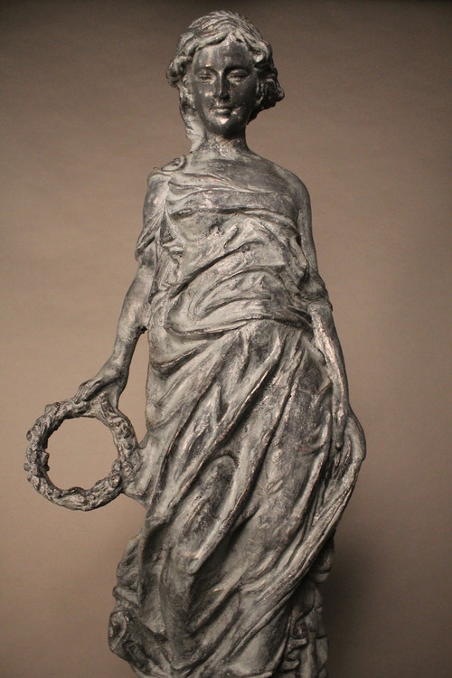 "Le Printemps", Young draped woman in cast iron on base by Mathurin Moreau