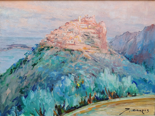 Tableau Huile Sur Toile Paysage Méditerranée Eze-sur-mer Par Jean Crozes 20ème