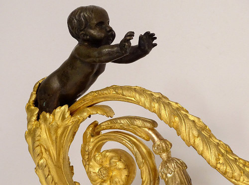 Paire Chenets Louis XVI Bronze Doré Chérubins Enfants Arabesques XVIIIème